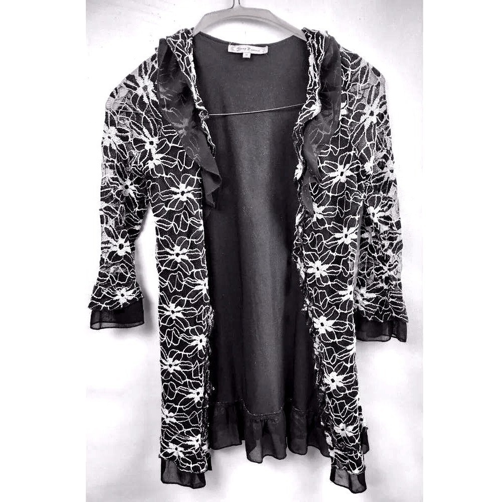Young Essence Cardigan Womens Small Black Floral Lace Ruffle Open Gothic